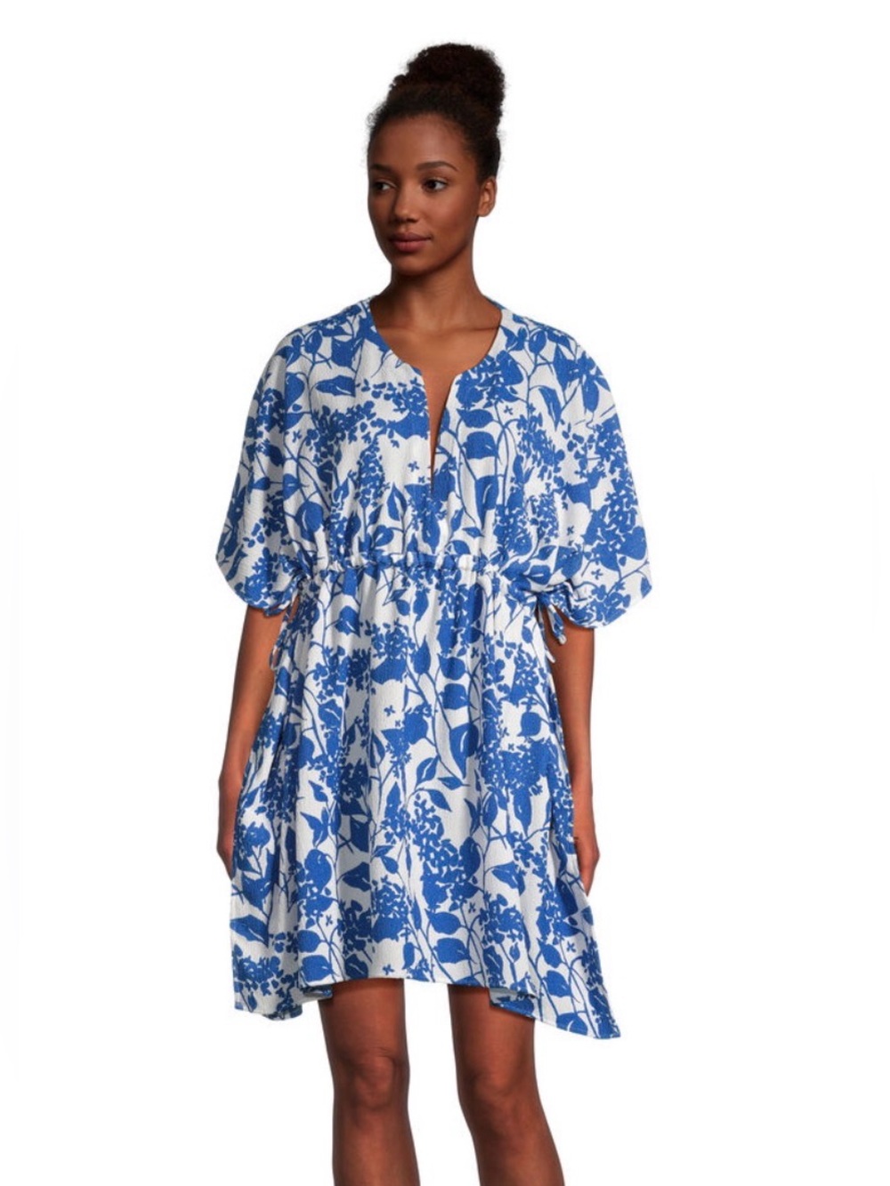 World Market Langi Mini Kaftan Dress O/S Blue White Floral Swim Cover Up